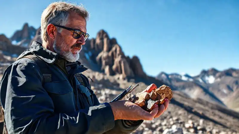 Geólogo estudia rocas en paisaje montañoso