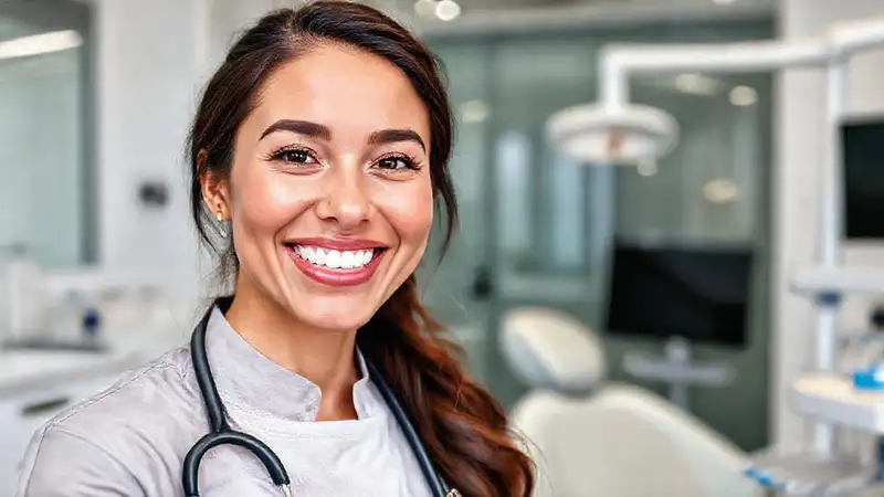 Dentista sonriente en clínica moderna y limpia