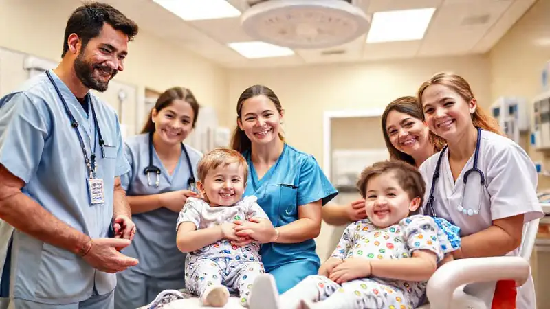 Equipo de enfermería pediátrica en entorno amigable