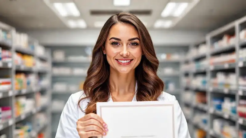Mujer profesional con certificación farmacéutica