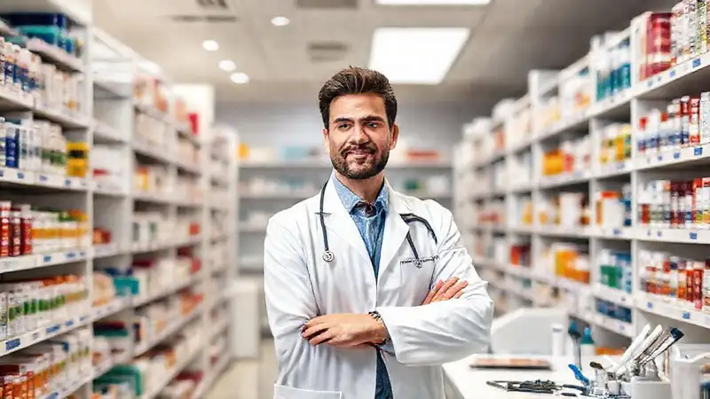 Farmacéutico en farmacia moderna y profesional