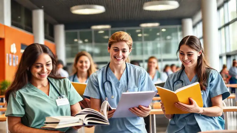 Estudiantes de enfermería en un campus moderno