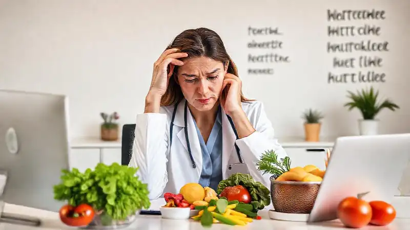 Nutricionista estresada en oficina con comida saludable