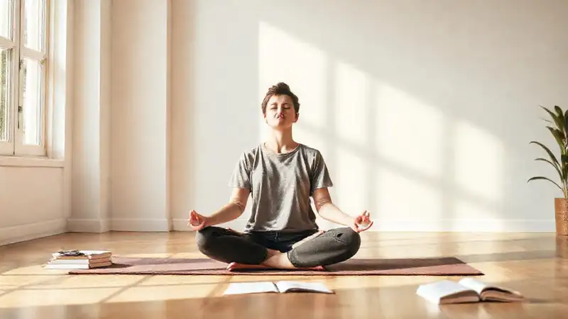 Estudiante relajado meditando en ambiente tranquilo