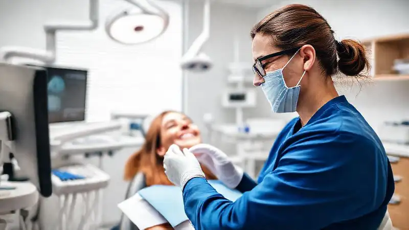 Dentista moderno, equipo avanzado, paciente sonriendo