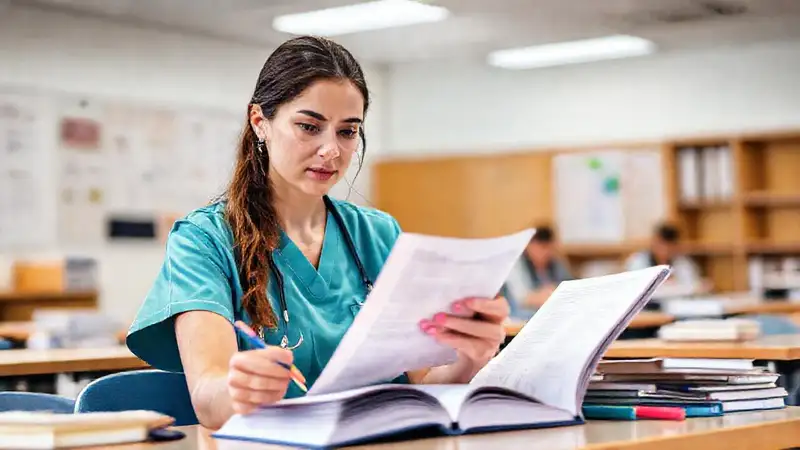 Estudiante de enfermería estudiando en el aula