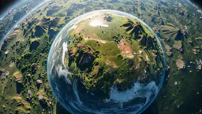 Tierra desde el espacio con estudiantes y banderas