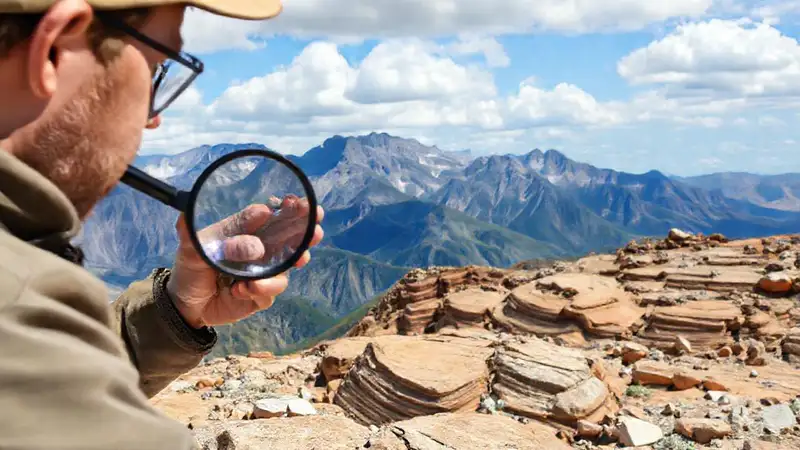 Geólogo estudia rocas en paisaje montañoso