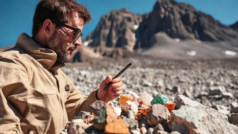 Geólogo examina rocas en paisaje montañoso