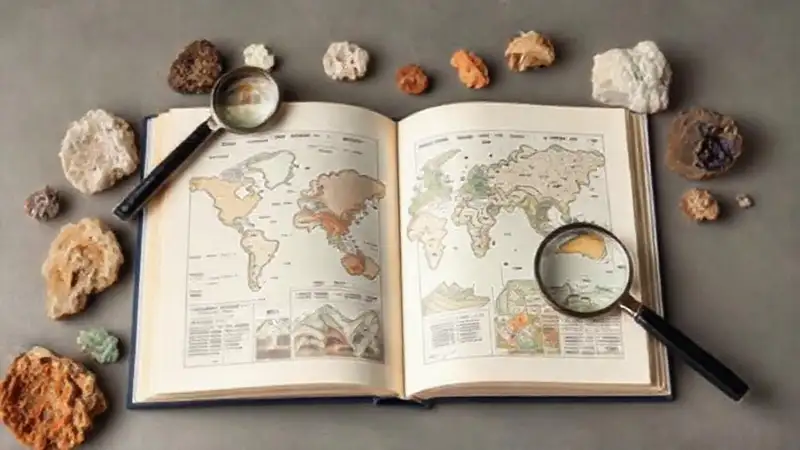 Libro abierto con mapas y muestras minerales