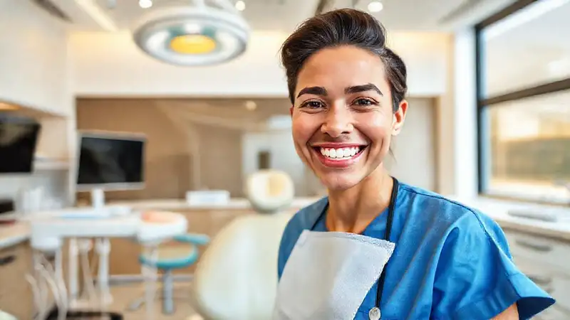 Clínica dental moderna y acogedora con paciente sonriente