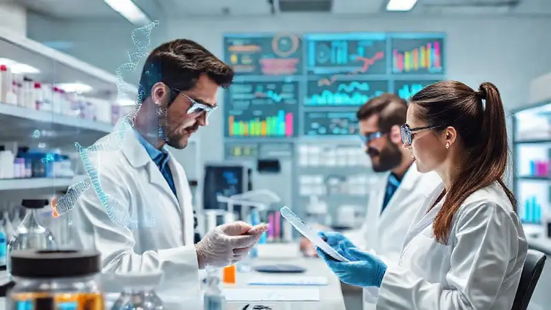 Laboratorio innovador con científicos y tecnología avanzada