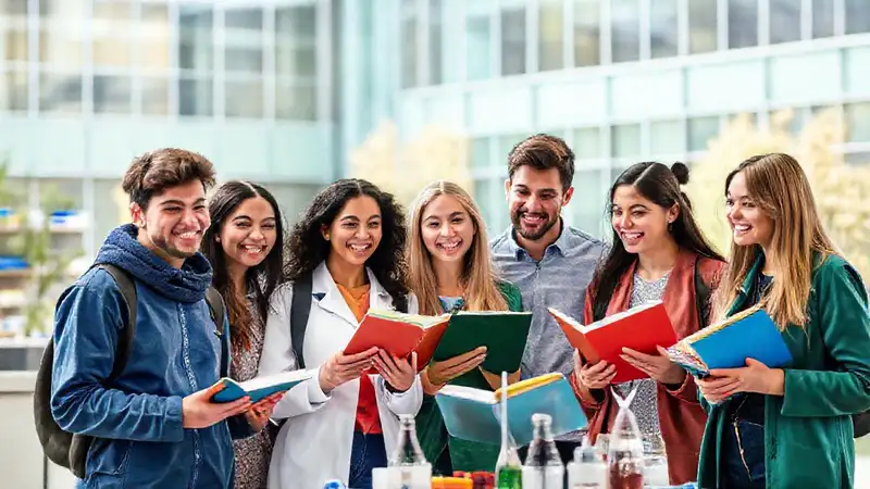 Estudiantes colaborando en entorno universitario moderno