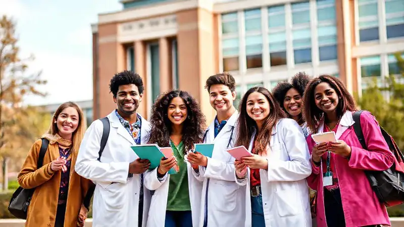 Estudiantes diversos en campus con farmacia