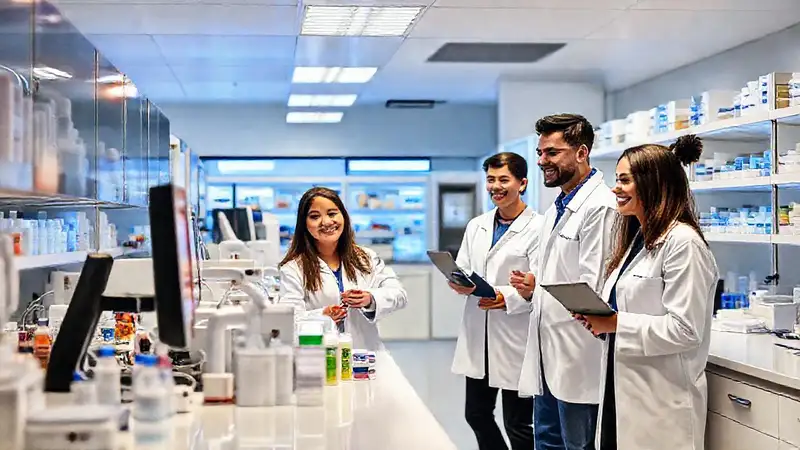 Farmacia moderna con profesionales y tecnología avanzada