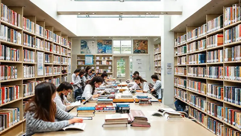 Sala de estudio con libros y estudiantes