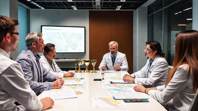 Reunión de científicos con mapas y premios