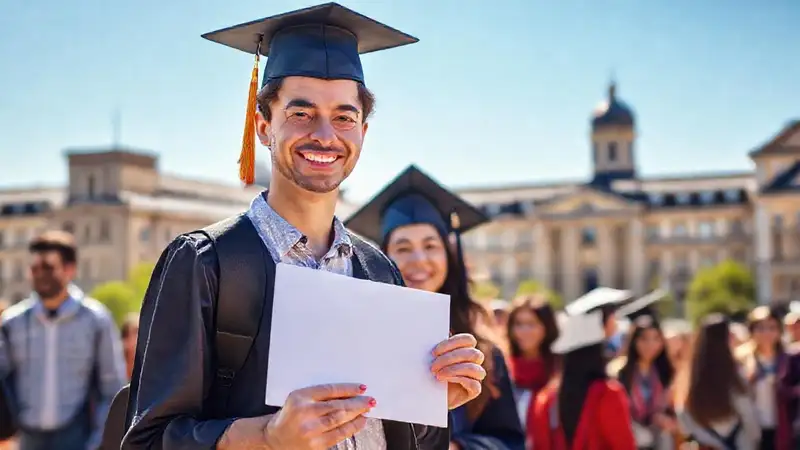 Estudiante graduado feliz en ciudad europea