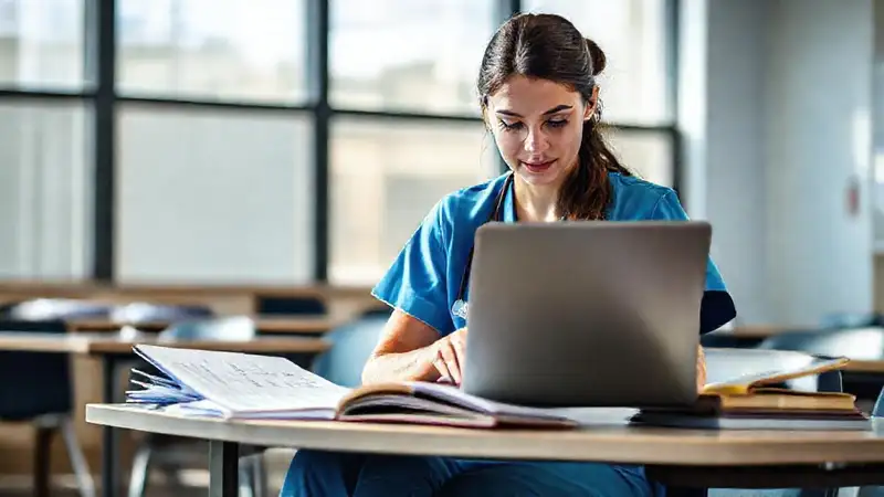 Estudiante de enfermería estudia con determinación