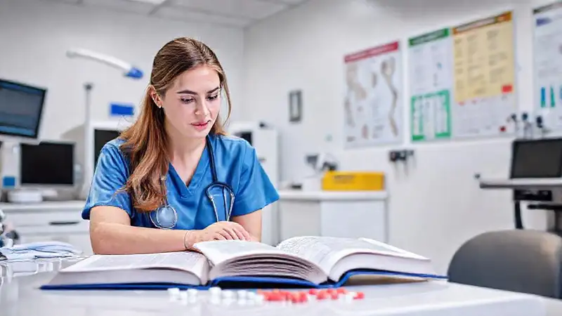 Estudiante de enfermería estudia farmacología en clea