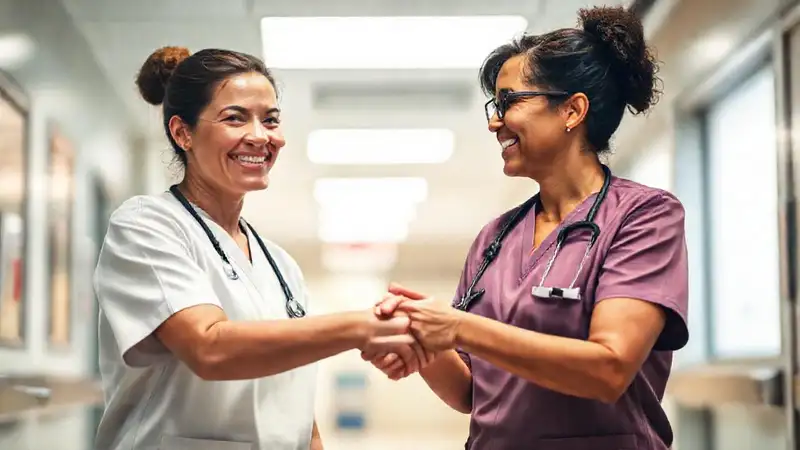 Enfermera y mentor se saludan en hospital