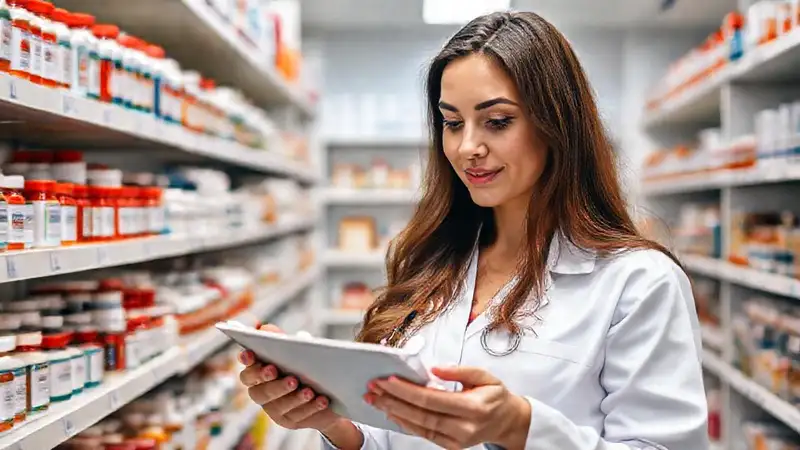 Farmacéutica estudia medicamentos en farmacia moderna