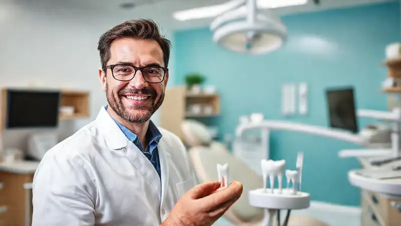 Dentista sonriente en clínica moderna y limpia