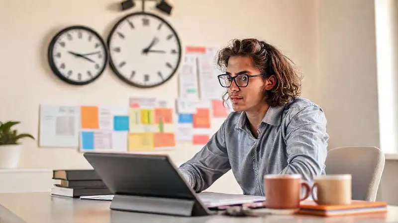 Estudiante motivado, estudia en ambiente moderno