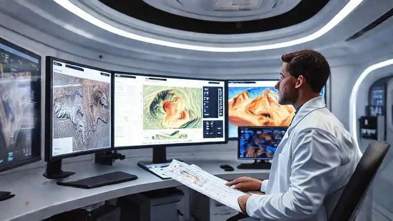 Científico analiza datos geofísicos en laboratorio futurista
