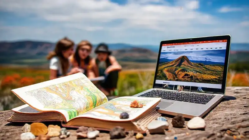 Estudiantes examinan mapas y minerales al aire libre