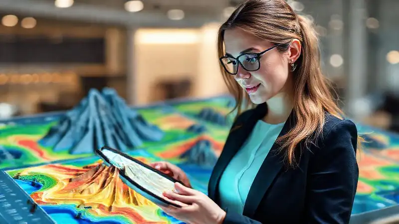 Mujer usa tablet con mapas geológicos digitales