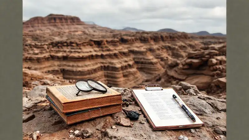 Libros y herramientas geológicas en paisaje rocoso