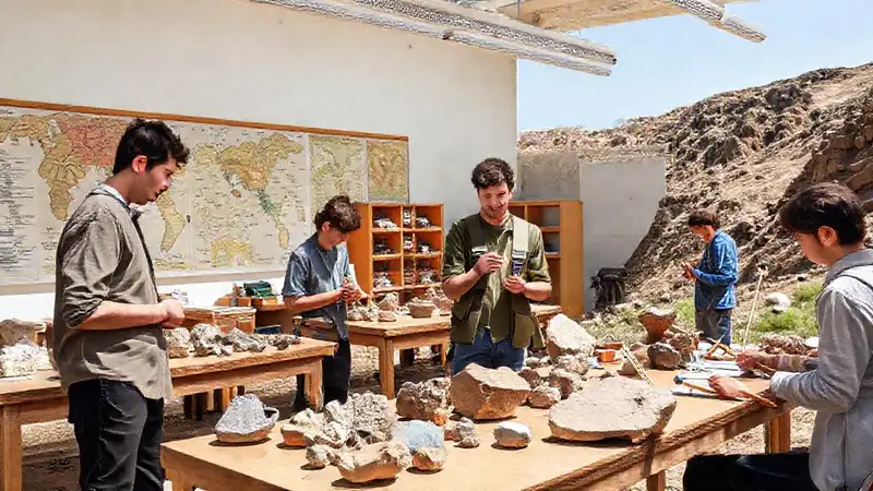 Estudiantes examinando rocas en aula y campo