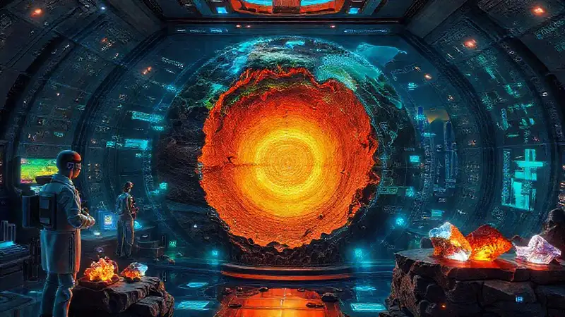 Laboratorio futurista con geología, mapas holográficos