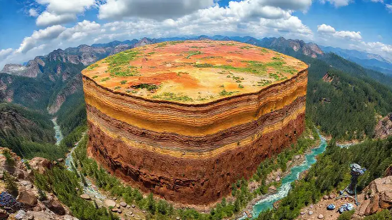 Paisaje natural con minerales, montañas y bosques