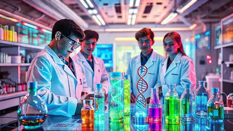 Laboratorio futurista con científicos y tecnología avanzada