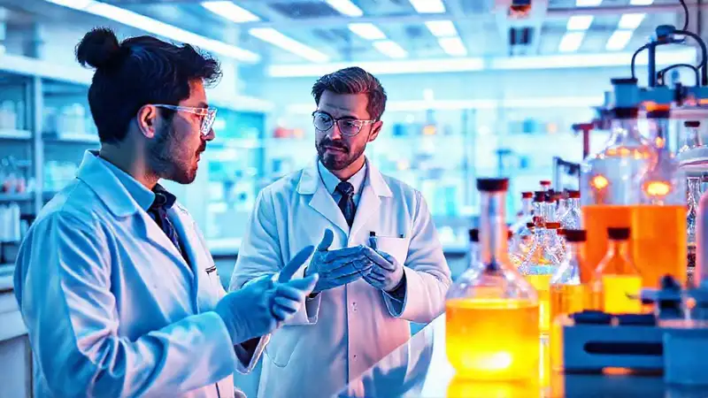 Laboratorio futurista con científicos y equipo innovador