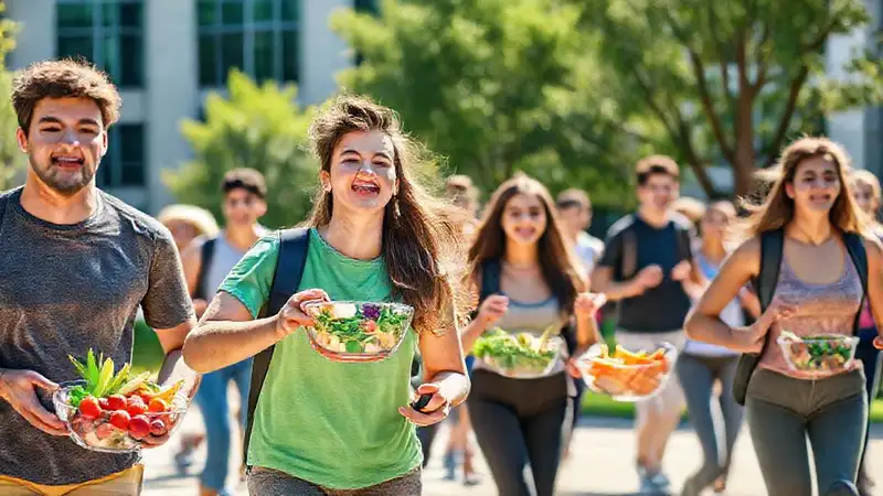 Estudiantes en campus con alimentación saludable y energía
