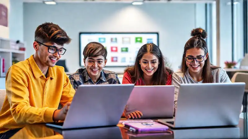 Estudiantes colaborando en espacio digital moderno