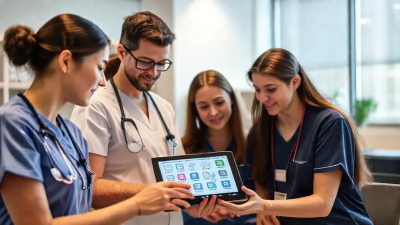 Estudiantes de enfermería analizan diagramas médicos digitales
