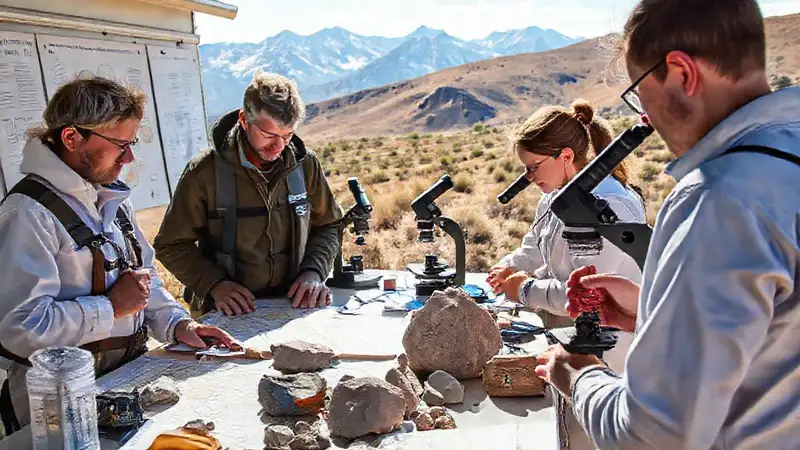 Geólogos estudian rocas y mapas en campo