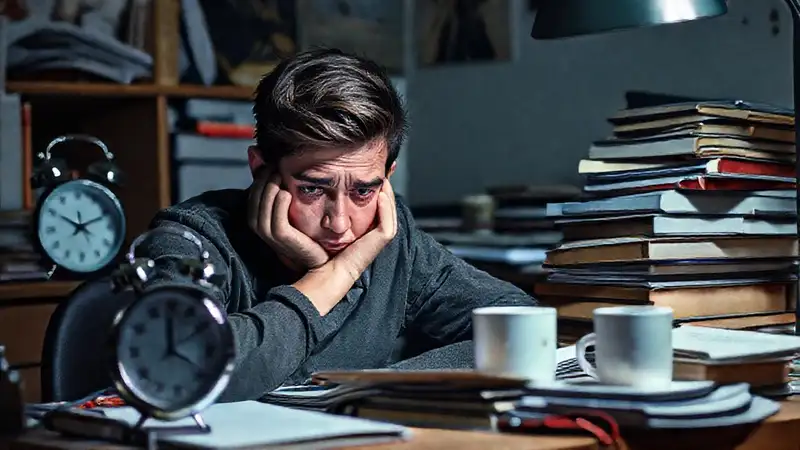 Estudiante cansado, estresado y agotado estudiando