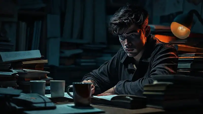 Estudiante agotado estudiando en cuarto desordenado