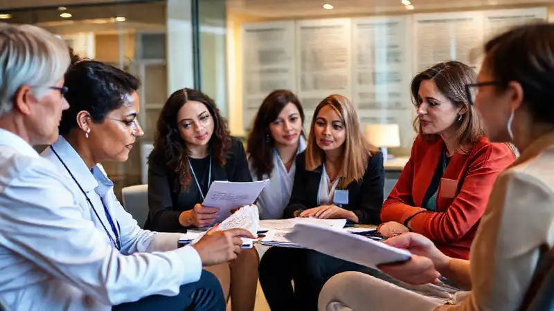 Reunión de terapeutas evaluando ética en oficina moderna