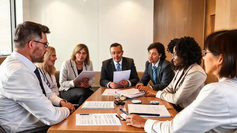 Reunión ética, profesionales discuten, herramientas y símbolos