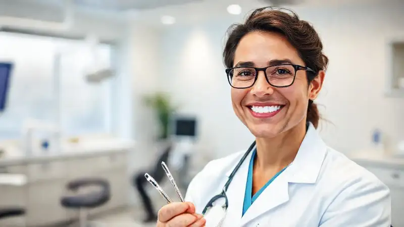 Dentista confiado en entrevista con sonrisa profesional