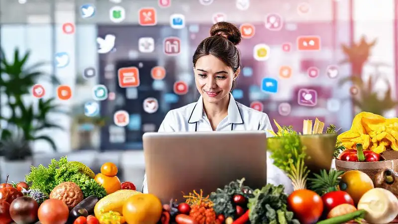 Nutrióloga trabaja en un entorno digital vibrante