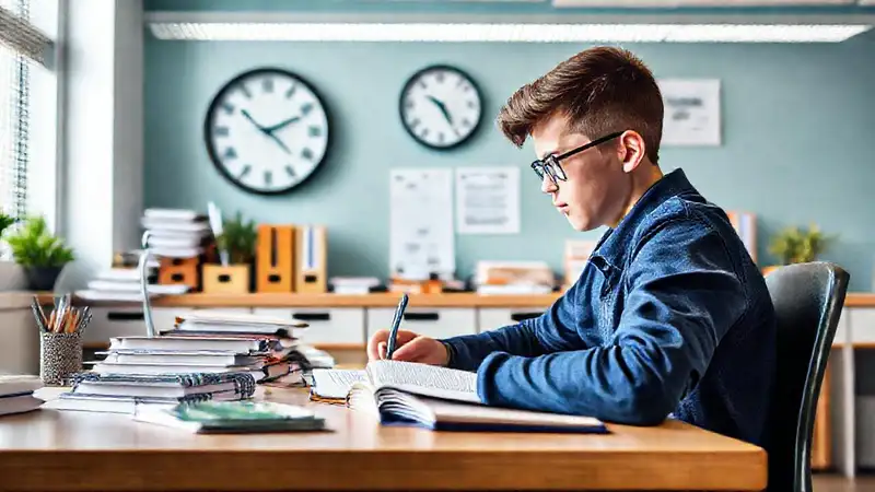 Estudiante estudia en un escritorio organizado
