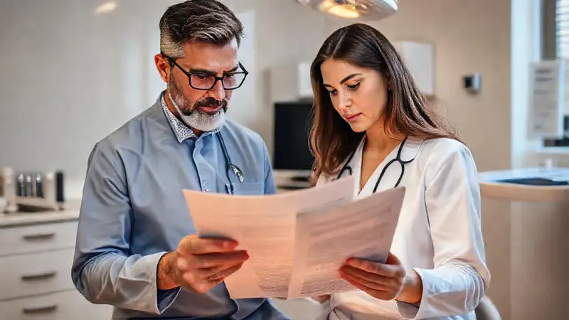 Profesional dental revisa documentos éticos y legales