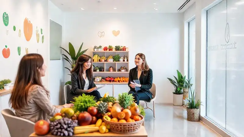 Nutricionista consulta en clínica moderna y acogedora